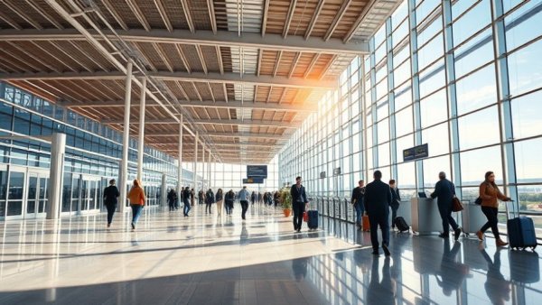 Spacious modern airport terminal with people checking in.