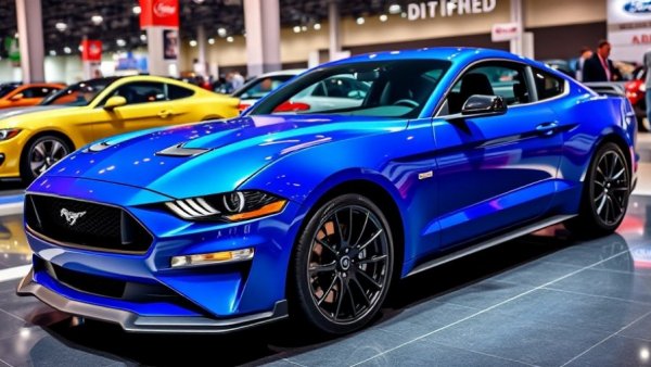 Blue Ford Mustang Mach-E displayed at auto show.