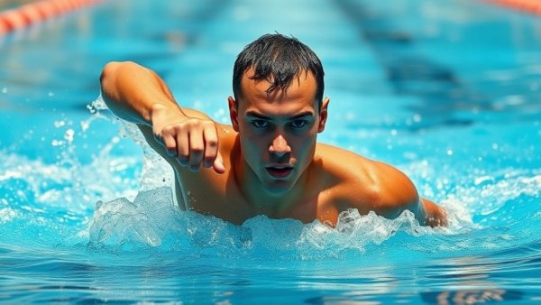 Swimmer with precise elbow positioning in pool highlights sports performance.