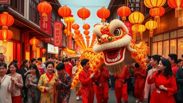 Lunar New Year celebrations for travelers with dragon dance and lanterns.