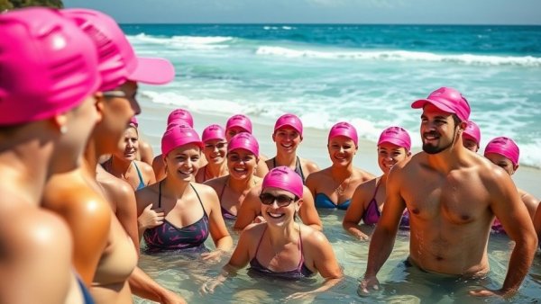 Beach gathering at Patrick Woepse Foundation Swim event, pink caps.