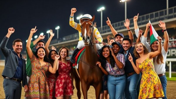 Studio City wins Lisha Cup: group celebration with jockey and horse at night.
