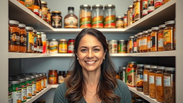 Confident woman organizing pantry cans, showcasing neat arrangement.
