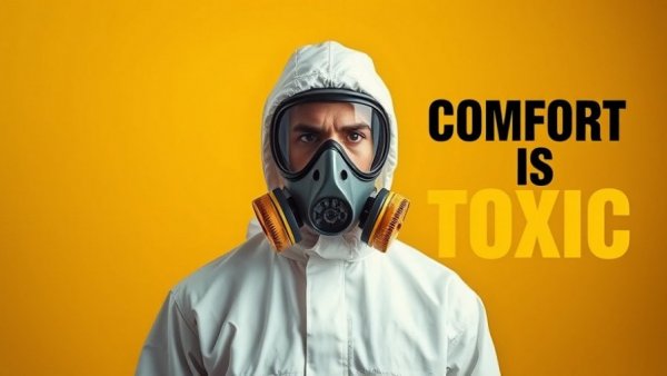 Comfort is Toxic in Project Management: person in gas mask with warning text.