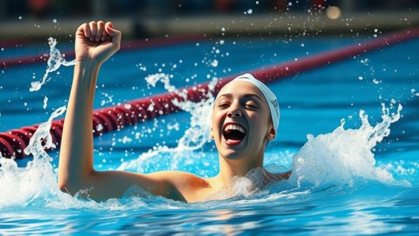 Exhilarated swimmer showing dominance in women's swimming events.