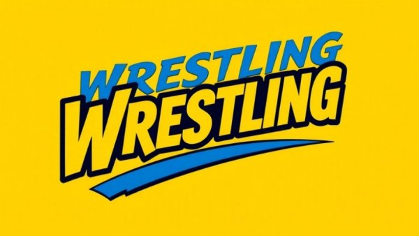 Wrestling news logo with bold blue text on yellow background