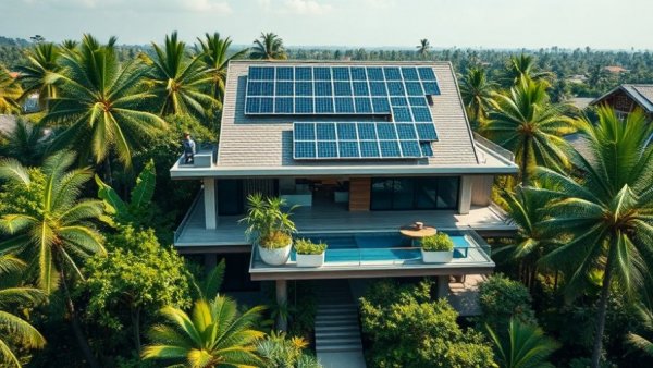 Modern tropical design house with solar panels and greenery.