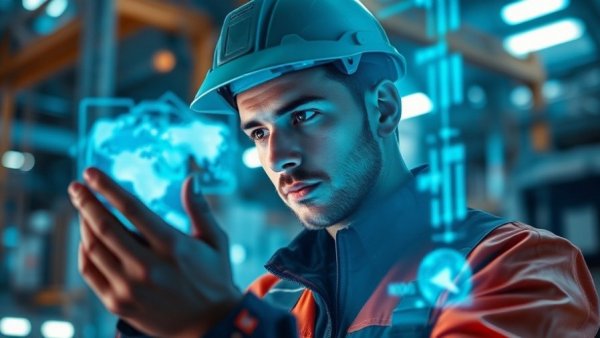 Industrial IoT Predictions 2026: Worker analyzing digital data in factory.