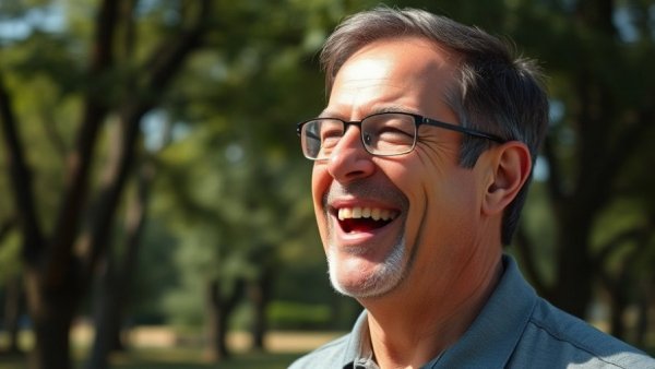 Middle-aged man in Lisbon park, speaking enthusiastically