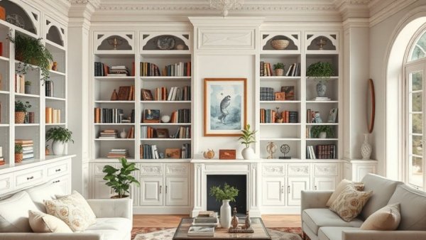Stylish home design trends featuring elegant bookshelf with decor.