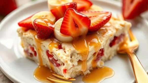 Strawberry Banana Cottage Cheese Breakfast Bake with honey drizzle.