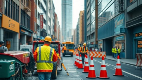 Construction planning surge in urban area with workers and equipment.