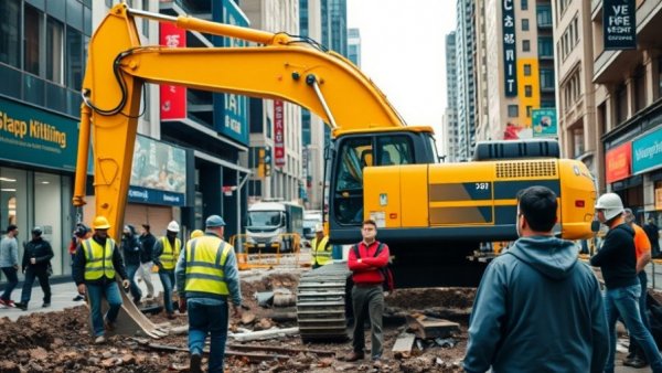 Urban construction site with machinery and workers, construction planning jumped 7%.