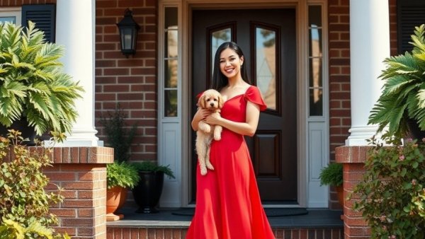 Woman in red dress holding dog on brick porch, 19 years of blogging.