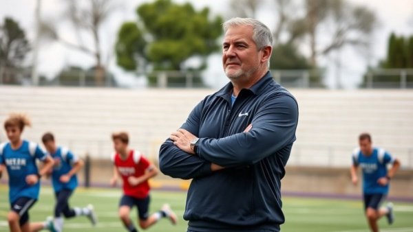 Confident coach overseeing middle school track & field practice.