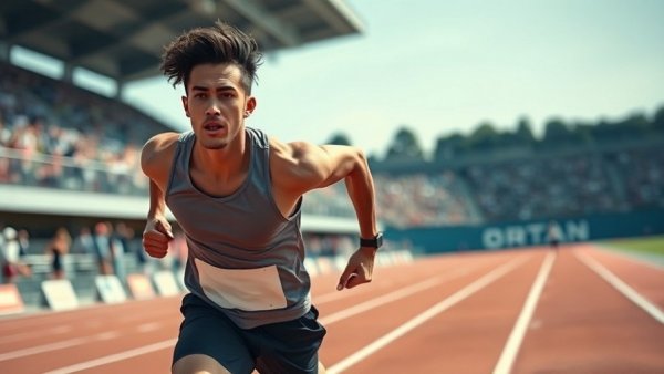 High school athlete sprinting on track field, dynamic and detailed.