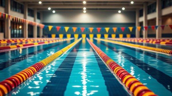 Colorful swimming pool lanes reflecting, Alabama swimming and diving results.