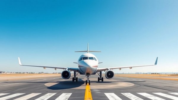 Airplane on runway symbolizing secure travel, clear sky backdrop.