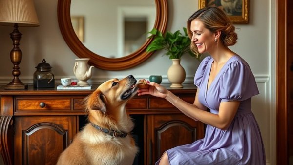 Woman feeding dog in cozy home, popular healthy recipes 2025.
