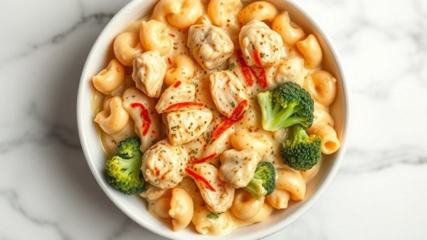 Chicken Broccoli Cottage Cheese Mac and Cheese in rustic bowl.