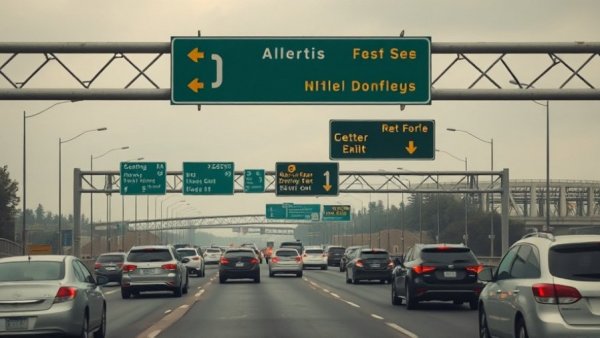Highway with overhead signs, Kansas DOT largest construction contract scene.
