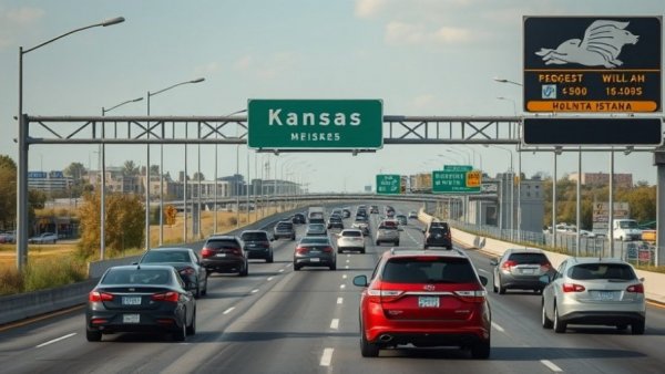 Kansas highway scene with road signs and vehicles.
