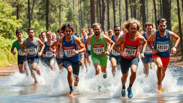 World Cross Country Championships runners dashing through water in forest.