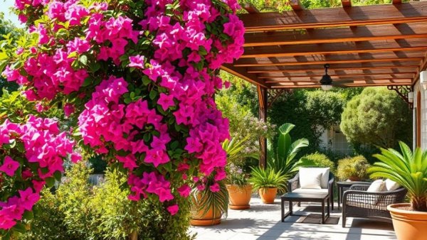 Mediterranean garden with pergola and bougainvillea featuring outdoor seating.