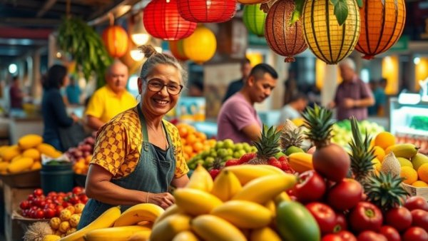 Lively night market in Bali with vendor showcasing colorful fruits.