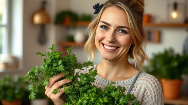 Woman explaining British words with coriander in hand, vibrant setting.