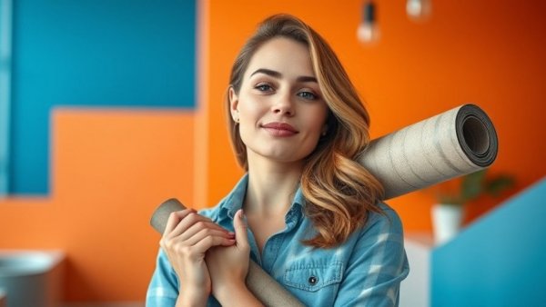 Tile Membrane Installation: Woman with rolled membrane against colorful background.