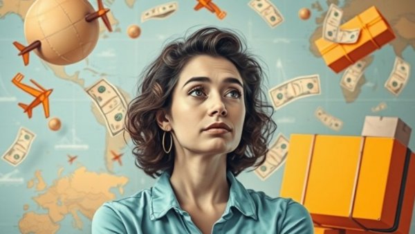Woman considering hidden costs of moving abroad with money and packages.