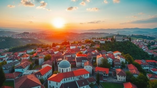 Aerial view of Plovdiv, Bulgaria, at sunset with hills in background.