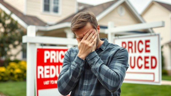 Frustrated homeowner in front of 'Price Reduced' sign, home isn't selling.
