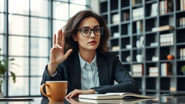 Executive LinkedIn Strategy 2026: Businesswoman signaling silence in modern office.