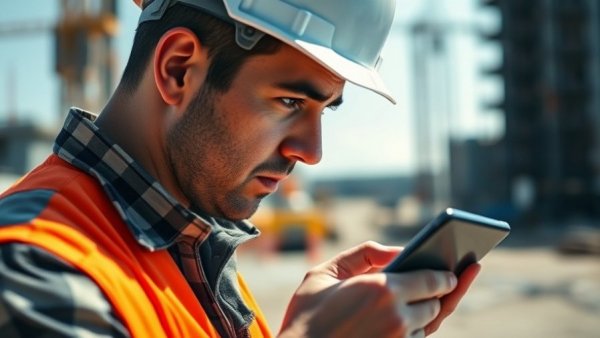 Construction worker in orange vest uses tablet, highlighting AI and construction labor.
