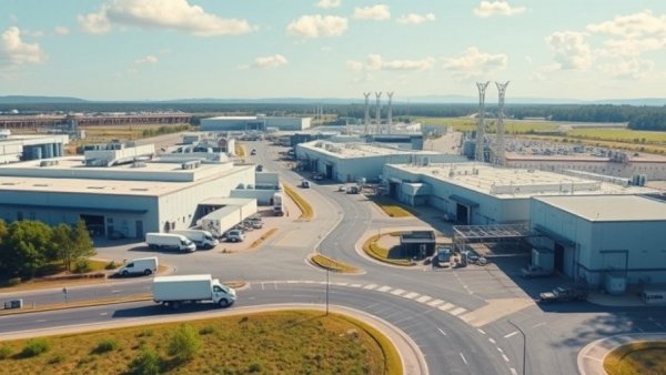 Expansive modern factory complex in daytime, major factory construction projects 2026.