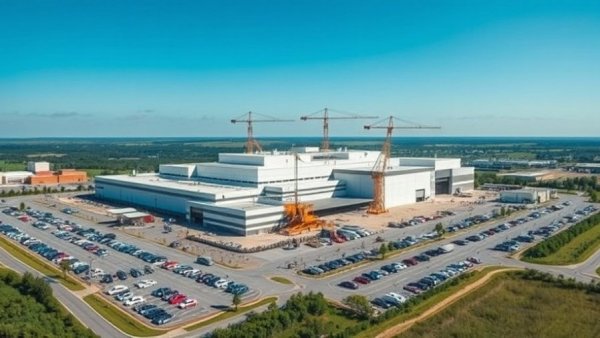 Aerial view of a vast factory construction project in 2026.