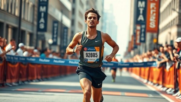 Runner celebrates crossing the finish line at Houston Half-Marathon.