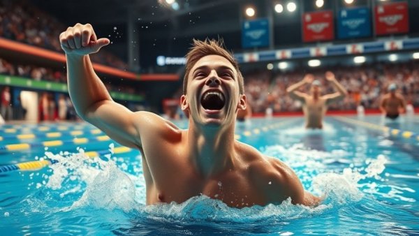 Victorious European Aquatics Athlete of the Year celebrates with water splash.