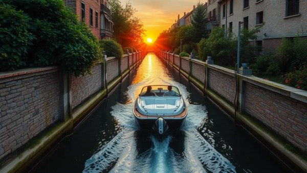 Unique housing experiences abroad: Scenic boat ride in Italian canal at sunset.