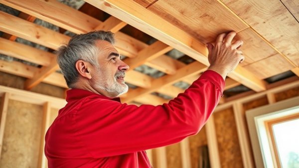 Easy shed ceiling construction demonstrated by man installing panels.
