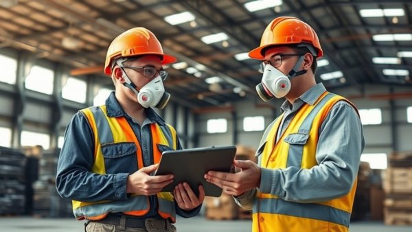 Workers discussing OSHA Contractor Safety Standards in a warehouse.