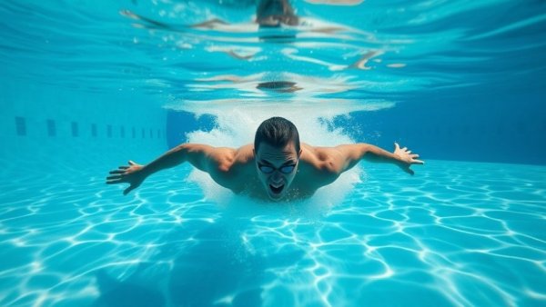 Swimmer gliding underwater in a pool, capturing motion and reflections.