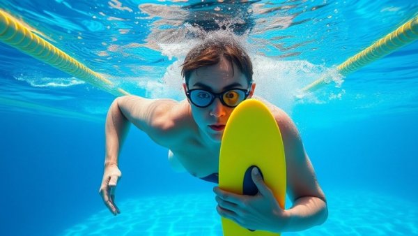 Swimmer practicing balance and body position with kickboard underwater.