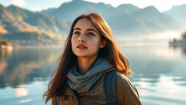 Young expat woman enjoying the view of a Balinese temple and serene nature.