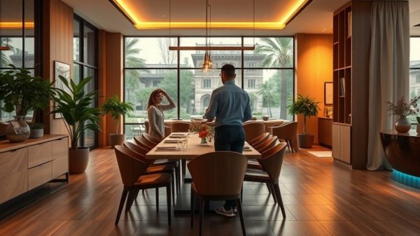 Modern concrete home dining room with elegant design and warm lighting.
