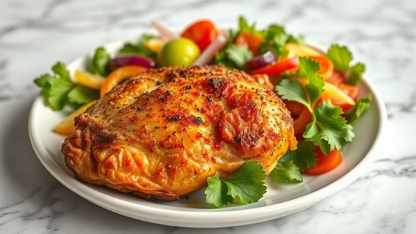 Crispy Baked Chicken Thighs with fresh salad on a white plate.