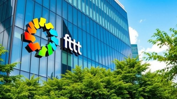 Corporate building with colorful logo, green energy theme.