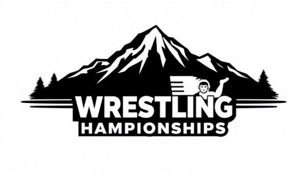 Monochrome wrestling championships logo with mountain and USA map.